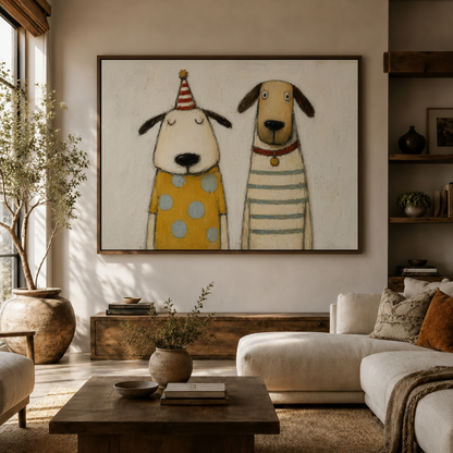 Two whimsical dogs folk art canvas above a rustic console table in a bright neutral living room