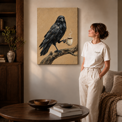 Unframed raven with coffee canvas showing a black bird on a branch beside a woman in white.