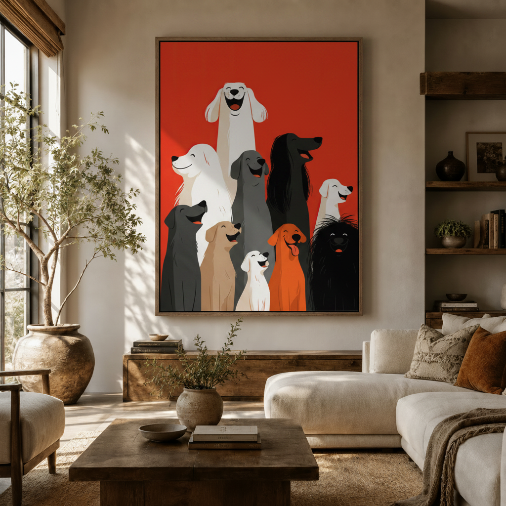 Bold red dog illustration canvas print hanging in modern living room above sideboard