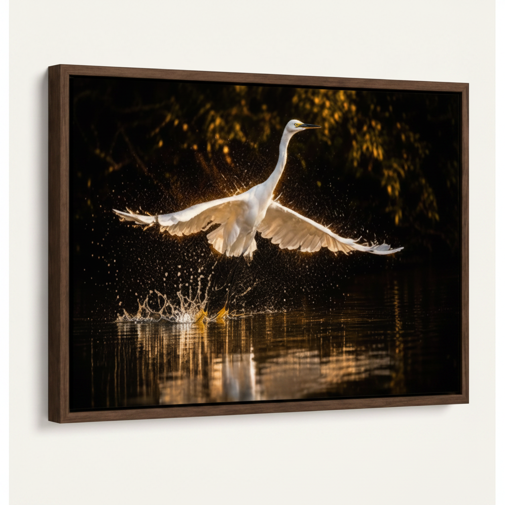 Dark walnut float frame egret flight golden backlight fine art canvas angled left view cream background