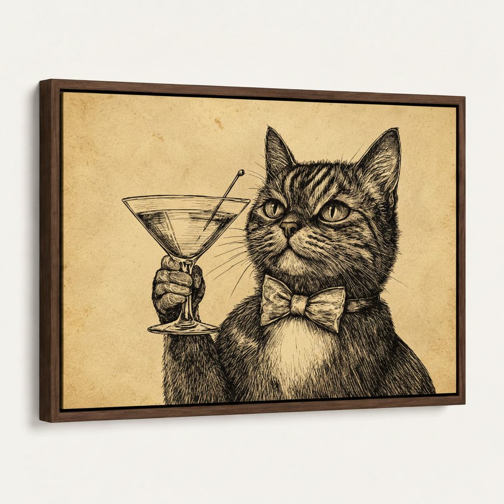 Vintage cat martini canvas wall art in walnut float frame, angled product view on white background