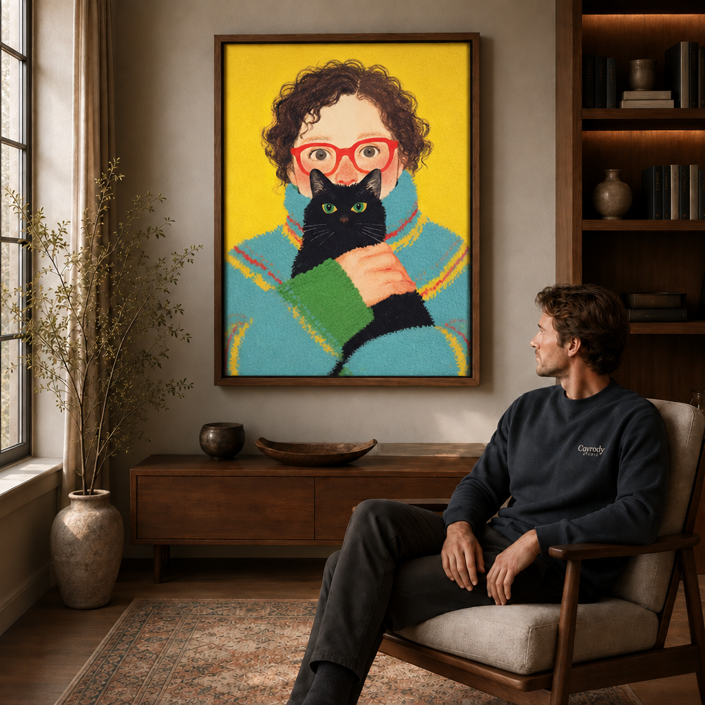 Man in a dark sweater seated in an armchair beside a walnut-framed artwork of a child holding a black cat.