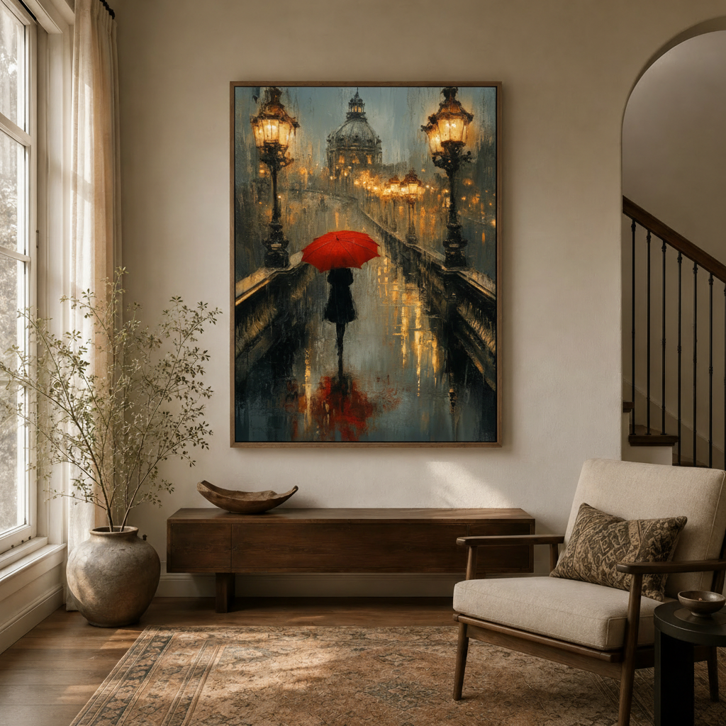 Impasto Paris night scene canvas art in entryway with arched doorway and warm lighting