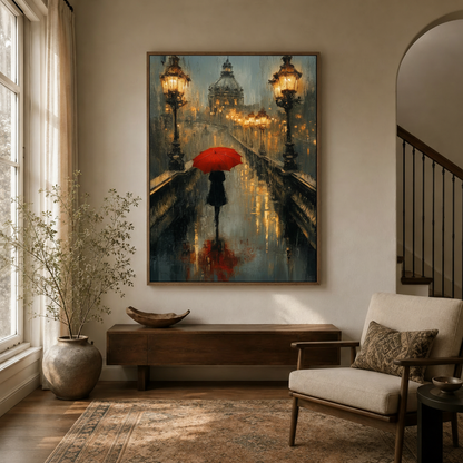 Impasto Paris night scene canvas art in entryway with arched doorway and warm lighting