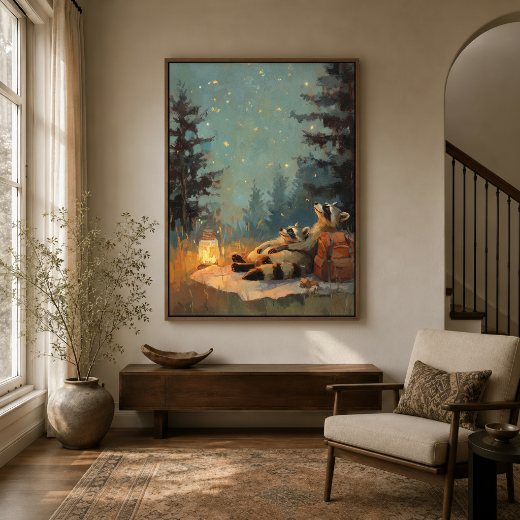 Raccoon stargazing painting in walnut float frame hanging in cozy entryway with arched doorway