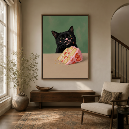 Funny black cat strawberry cake canvas wall art in walnut frame displayed in warm entryway scene