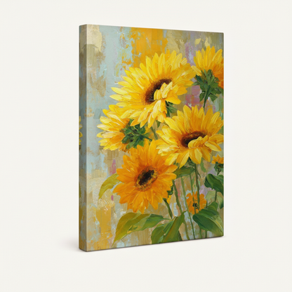 Gallery-wrapped sunflower impasto canvas, 3/4 left-tilt showing dark wrap edges and vivid golden petals