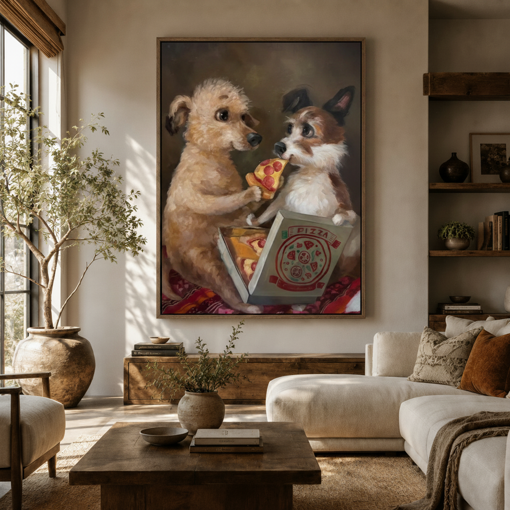 Humorous dog and cat sharing pizza canvas print styled in warm boho living room with cream sofa and olive tree
