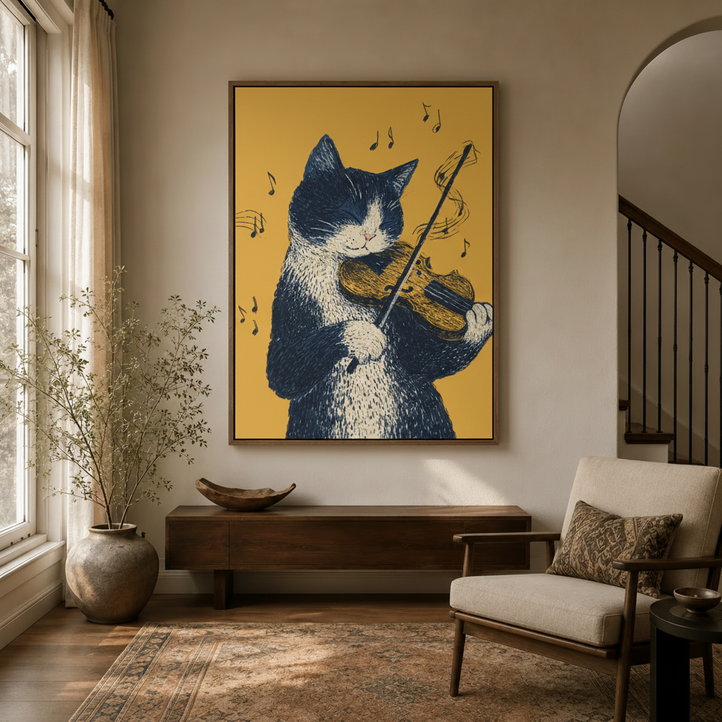 Whimsical cat violin wall art hanging in bright entryway with wooden console and armchair