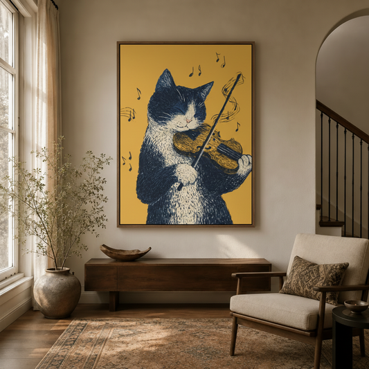 Whimsical cat violin wall art hanging in bright entryway with wooden console and armchair