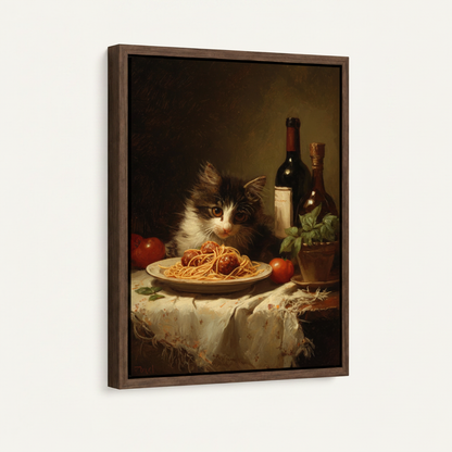 Black-and-white cat spaghetti still life dark classical canvas in wide walnut float frame, 3/4 portrait angle