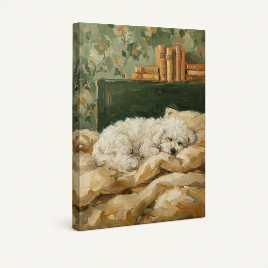 Gallery-wrapped canvas of white puppy sleeping on golden blanket by green bookshelf shown at angle on off-white background