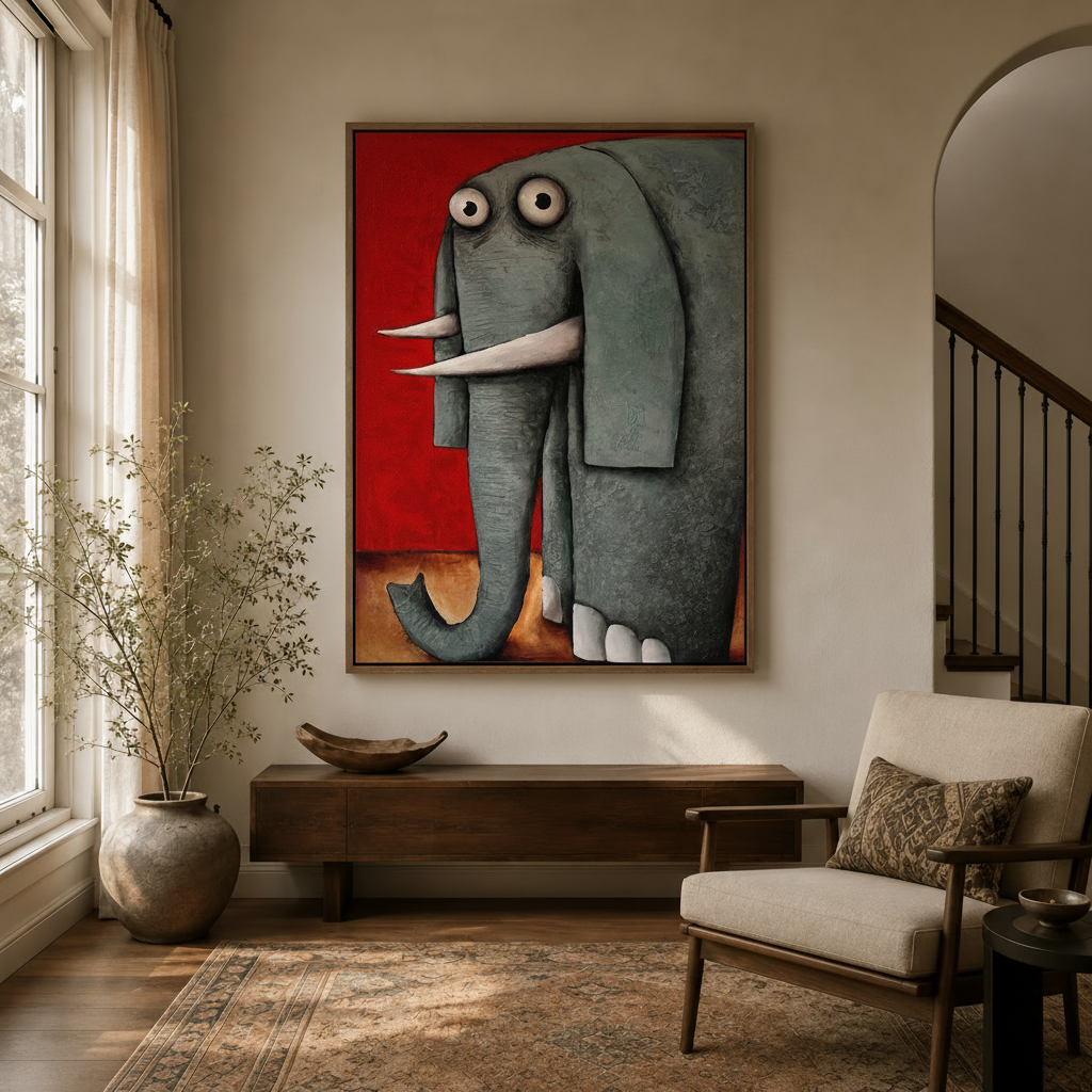Bold red background elephant oil painting canvas in a modern entryway with arched doorway