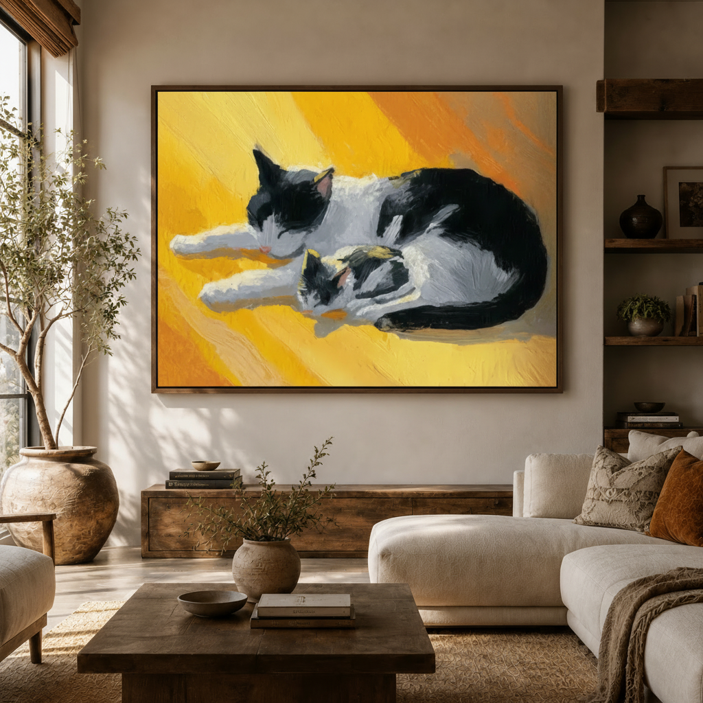 Framed black-and-white cats golden light impasto canvas displayed large in warm modern living room