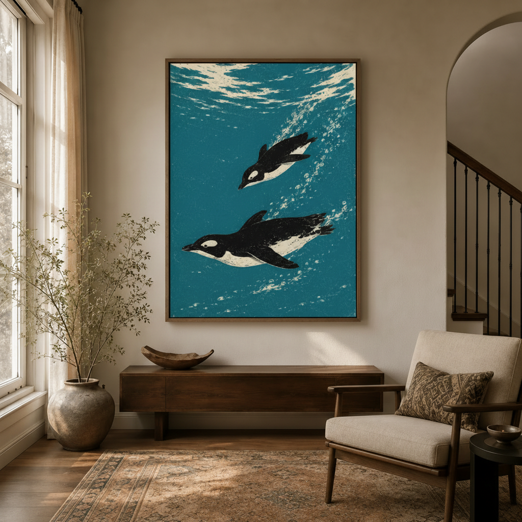 Bold teal penguin linocut print in float frame hanging in modern entryway beside dried branches and console table