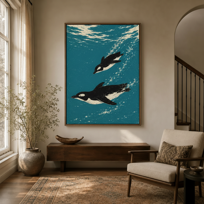 Bold teal penguin linocut print in float frame hanging in modern entryway beside dried branches and console table