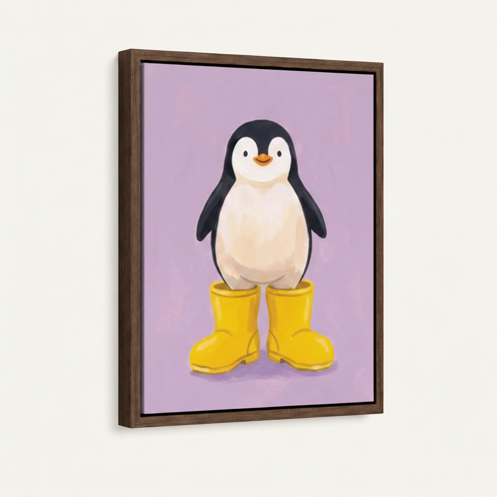 Chubby penguin yellow rain boots whimsical 3D canvas in wide dark walnut float frame, 3/4 portrait angle