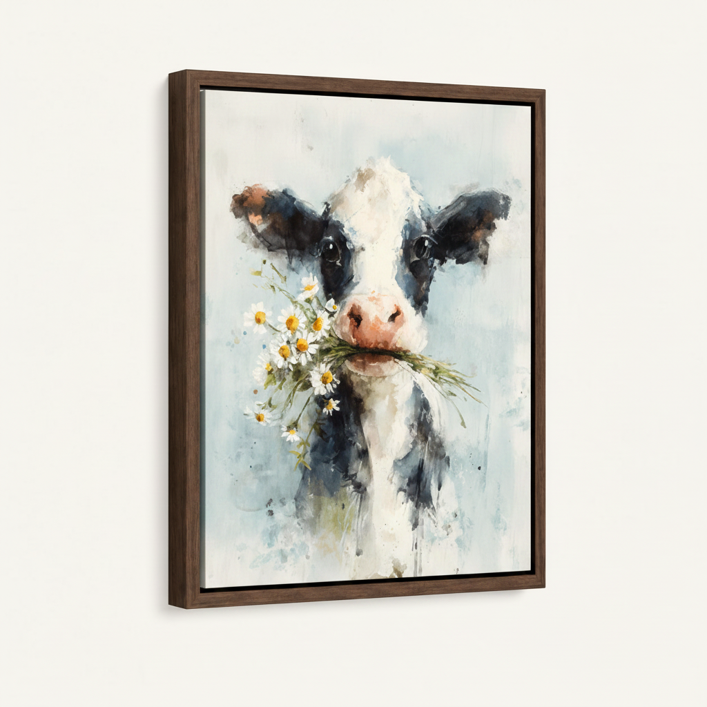 Farmhouse cow watercolor canvas in dark walnut float frame, 3/4 angle view on white background