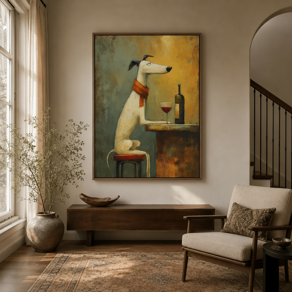 Framed greyhound bar scene oil painting hanging in a modern entryway with arched doorway
