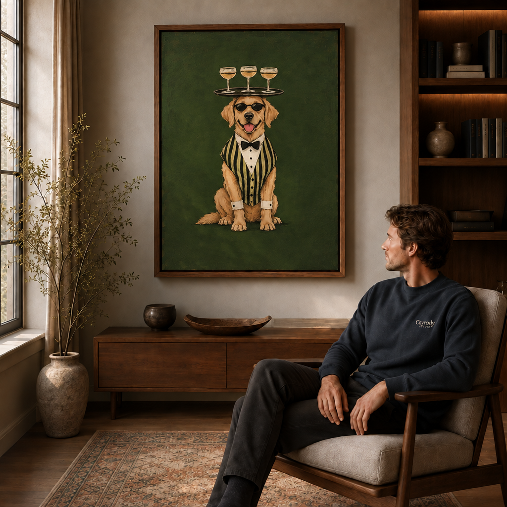 Gallery wrapped bartender dog canvas displayed in a refined living room