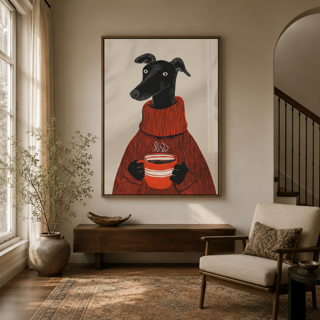 Greyhound canvas wall art in red sweater print displayed in modern entryway with arched doorway
