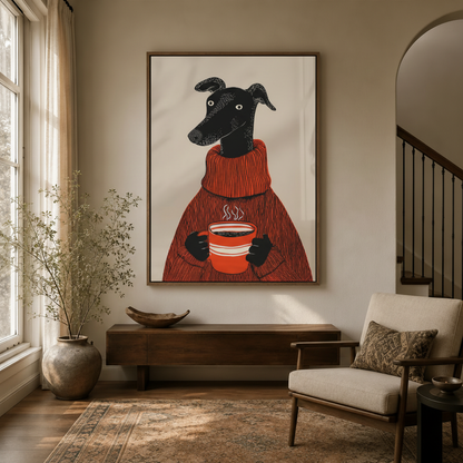 Greyhound canvas wall art in red sweater print displayed in modern entryway with arched doorway