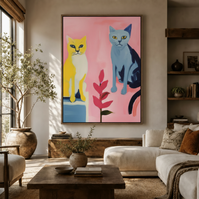 Bold pop art two cats canvas print displayed above a walnut console in a warm modern living room