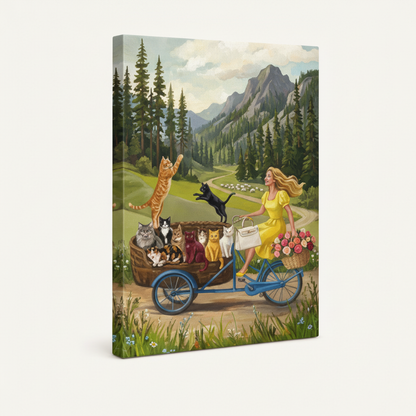 Whimsical woman bicycle cats mountain canvas hung above walnut bed in warm neutral bedroom