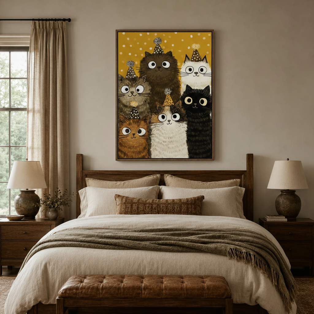 Five cats in party hats whimsical canvas print displayed above bedroom headboard in warm interior
