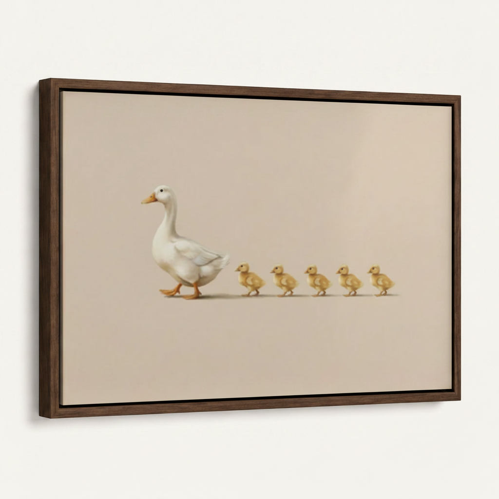 Framed goose and ducklings minimalist canvas print in dark walnut float frame angled product view