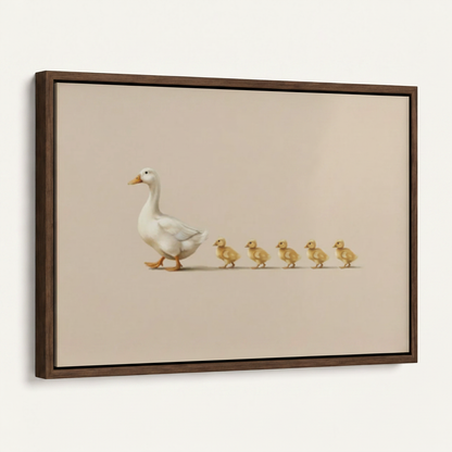 Framed goose and ducklings minimalist canvas print in dark walnut float frame angled product view