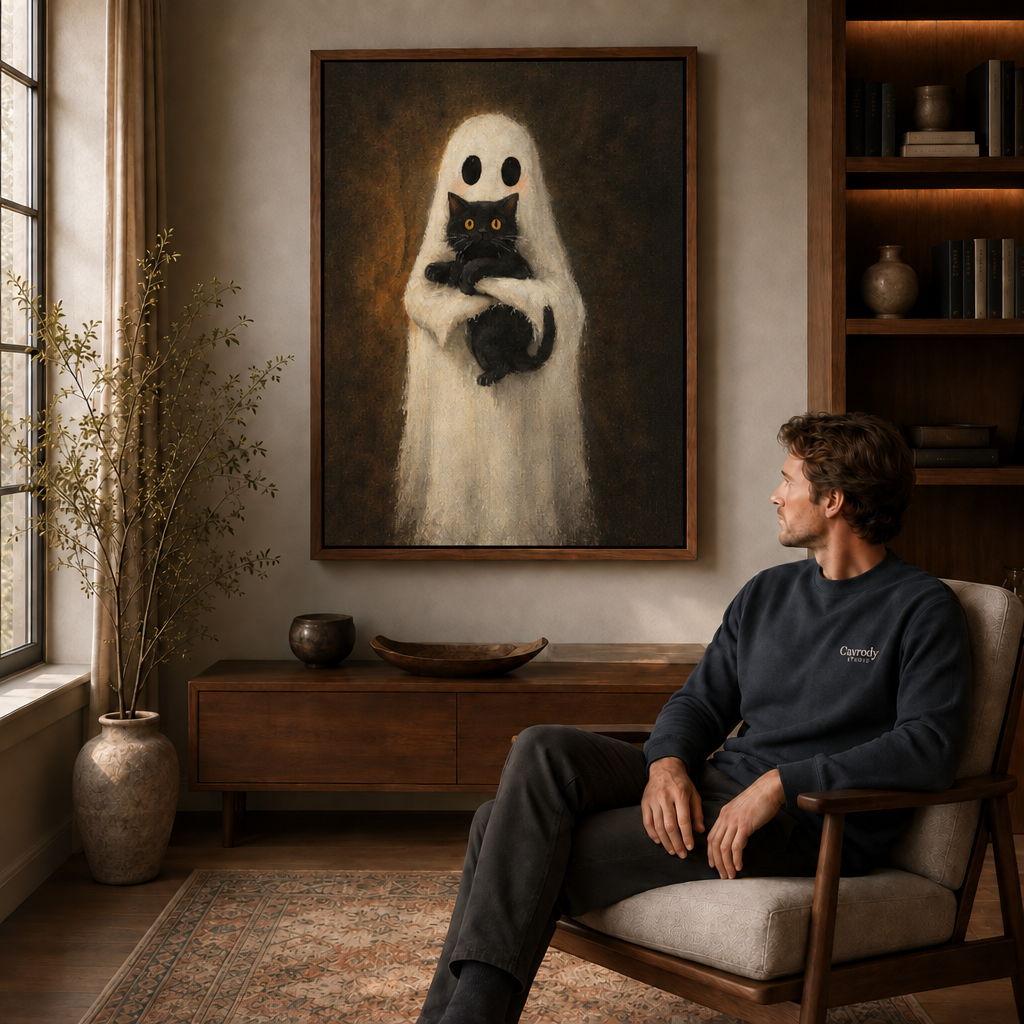 Vintage ghost and black cat wall art displayed above a wood cabinet beside a seated man.