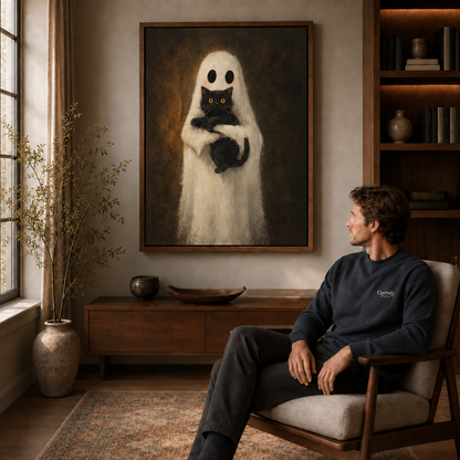 Vintage ghost and black cat wall art displayed above a wood cabinet beside a seated man.