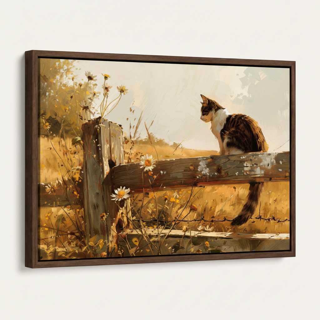 Black white tuxedo cat wooden fence daisy field canvas print dark walnut float frame 3/4 mockup view