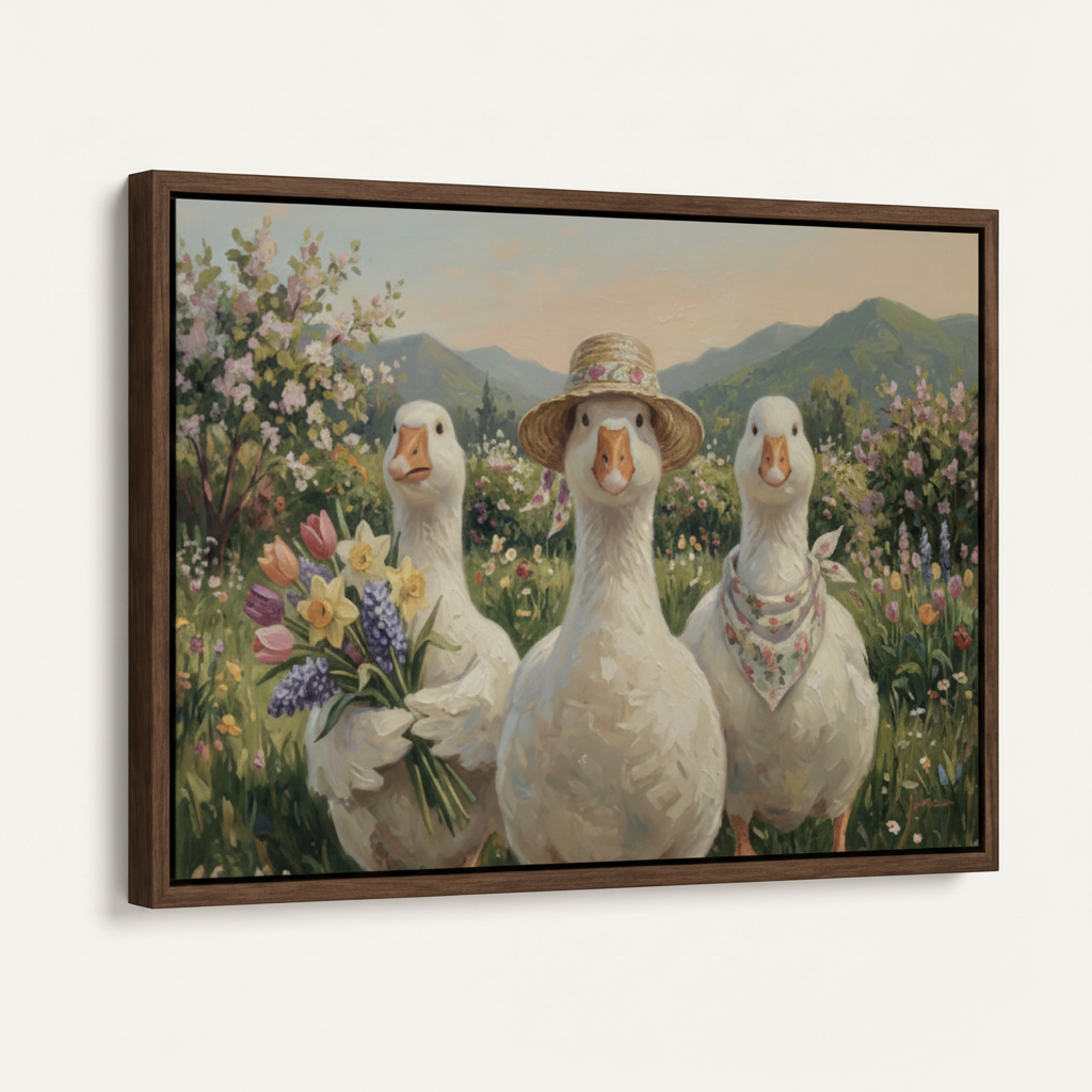 Framed three geese spring garden canvas print in dark walnut float frame angled product view