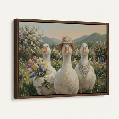 Framed three geese spring garden canvas print in dark walnut float frame angled product view