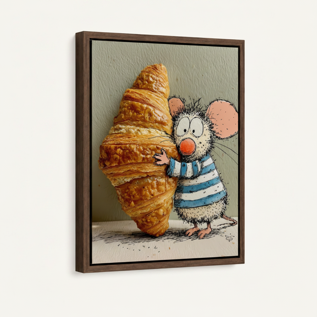Whimsical mouse with croissant canvas in dark walnut float frame, 3/4 angle on white background