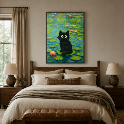 Monet-inspired black cat water lily painting framed above a bed in a cozy warm-toned bedroom