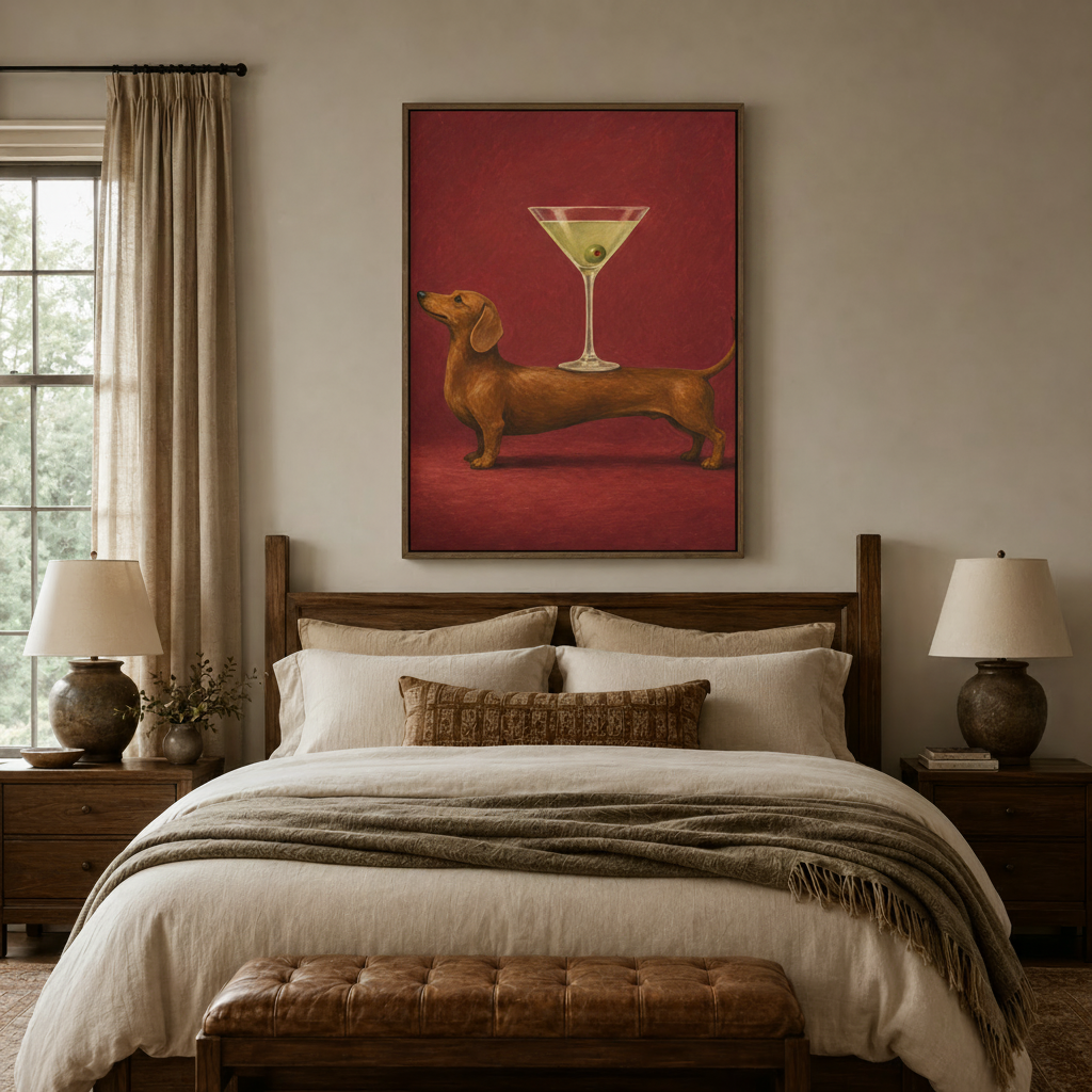 Dachshund with martini glass framed canvas above wooden bed frame in cozy neutral bedroom