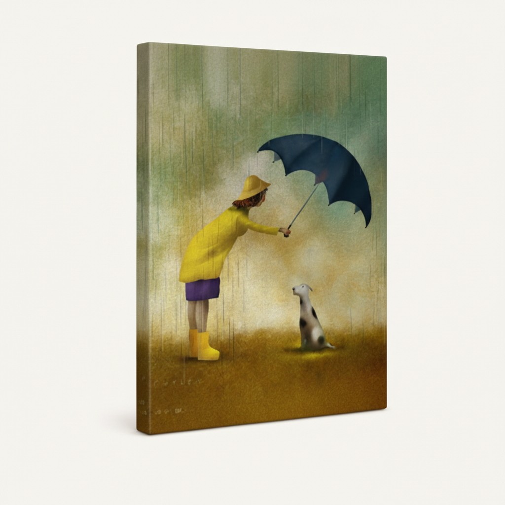 Gallery-wrapped canvas side view of rainy day girl and dog painting with warm amber and teal tones