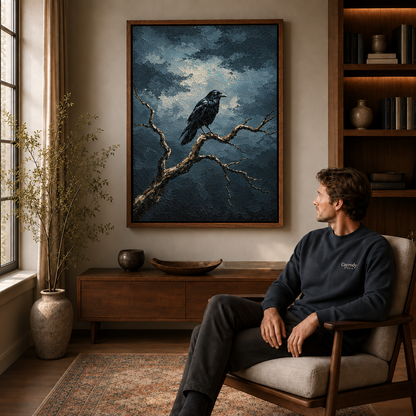 Walnut framed raven canvas art displayed above a wood console in a moody reading corner