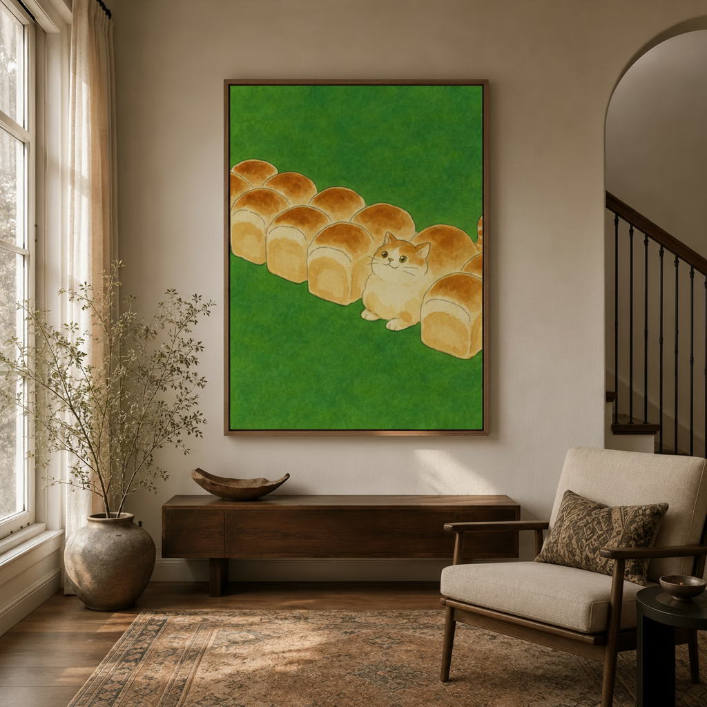 Framed canvas of Japanese cat and bread illustration hanging in a bright entryway with warm wood tones