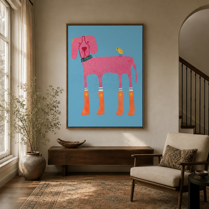 Bold folk art canvas print with pink dog and orange boots styled in a bright hallway entryway