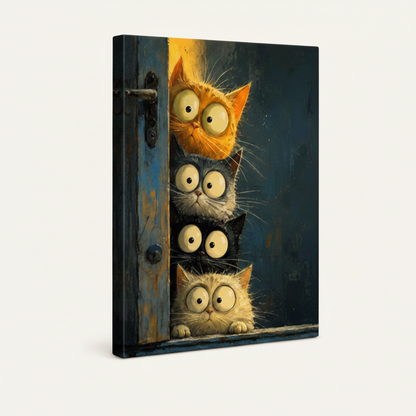 Gallery-wrapped canvas of four wide-eyed cats peeking door with teal wrap on side shown at angle on off-white background