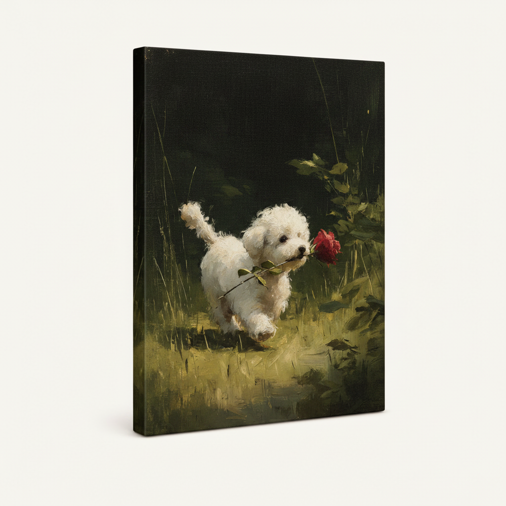Gallery wrapped canvas print white Bichon puppy red rose golden meadow angled product view