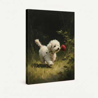 Gallery wrapped canvas print white Bichon puppy red rose golden meadow angled product view