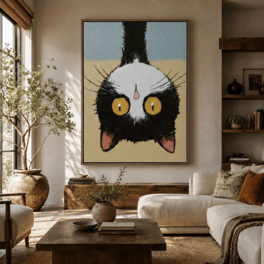 Funny upside-down cat canvas above sofa in bright boho living room with warm tones