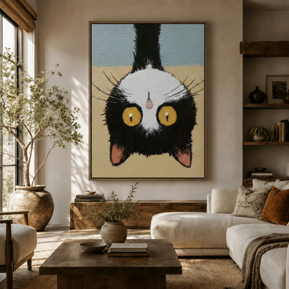 Funny upside-down cat canvas above sofa in bright boho living room with warm tones