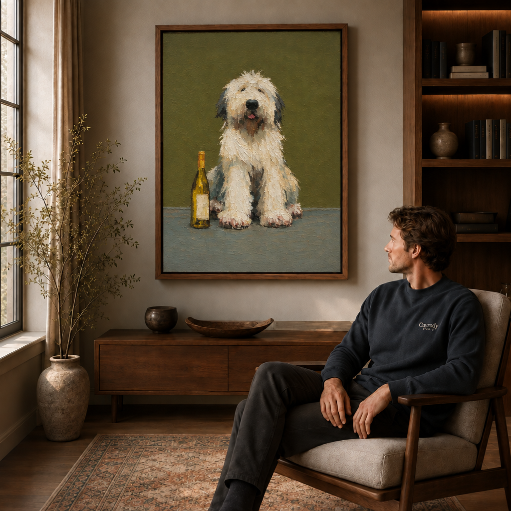 Seated man viewing walnut-framed shaggy dog wall art in a warm living room.