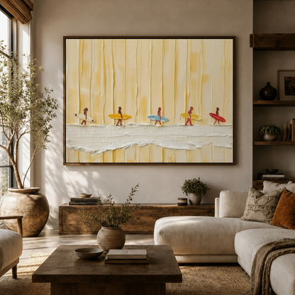Coastal surfer canvas wall art above white sofa in bright modern living room, walnut frame